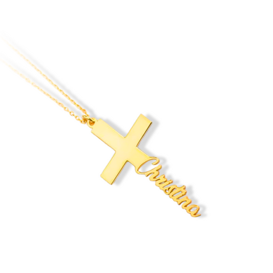 Diamanta Personligt kors™ – Namnhalsband med eget namn i rostfritt stål (Guld)