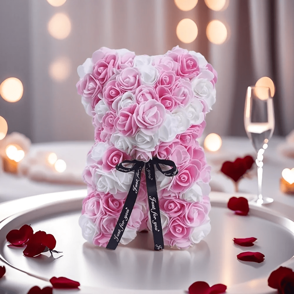 Rosnalle i rosa & vitt – 23 cm handgjord gåva | Diamanta Bloom Bear™